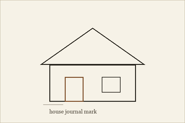 Drawn journal mark: a line elevation of a gable, door and window with a hand-ruled scale beneath it