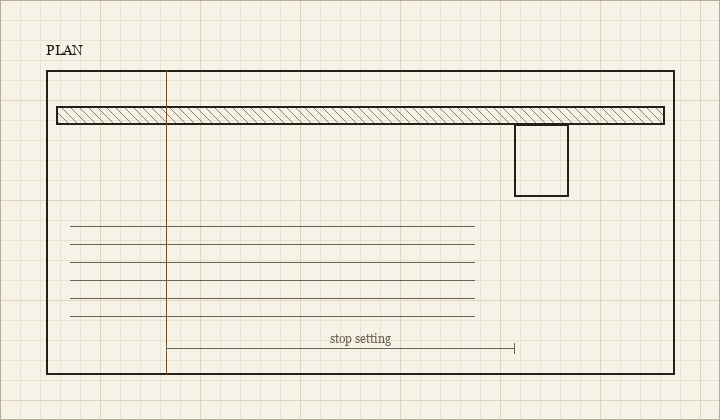 Plan view drawing of a crosscut jig with base, fence, stop block and a marked kerf line
