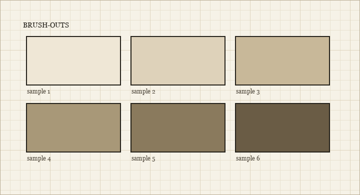 Drawn board of six numbered paint sample rectangles in two rows, running pale to dark